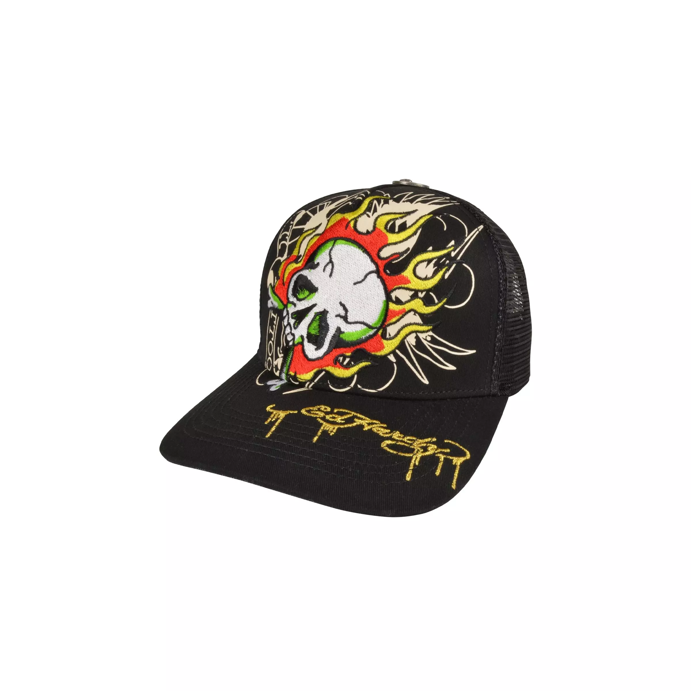 Ed Hardy Embroidered Fire Skull Snapback Hat-Black